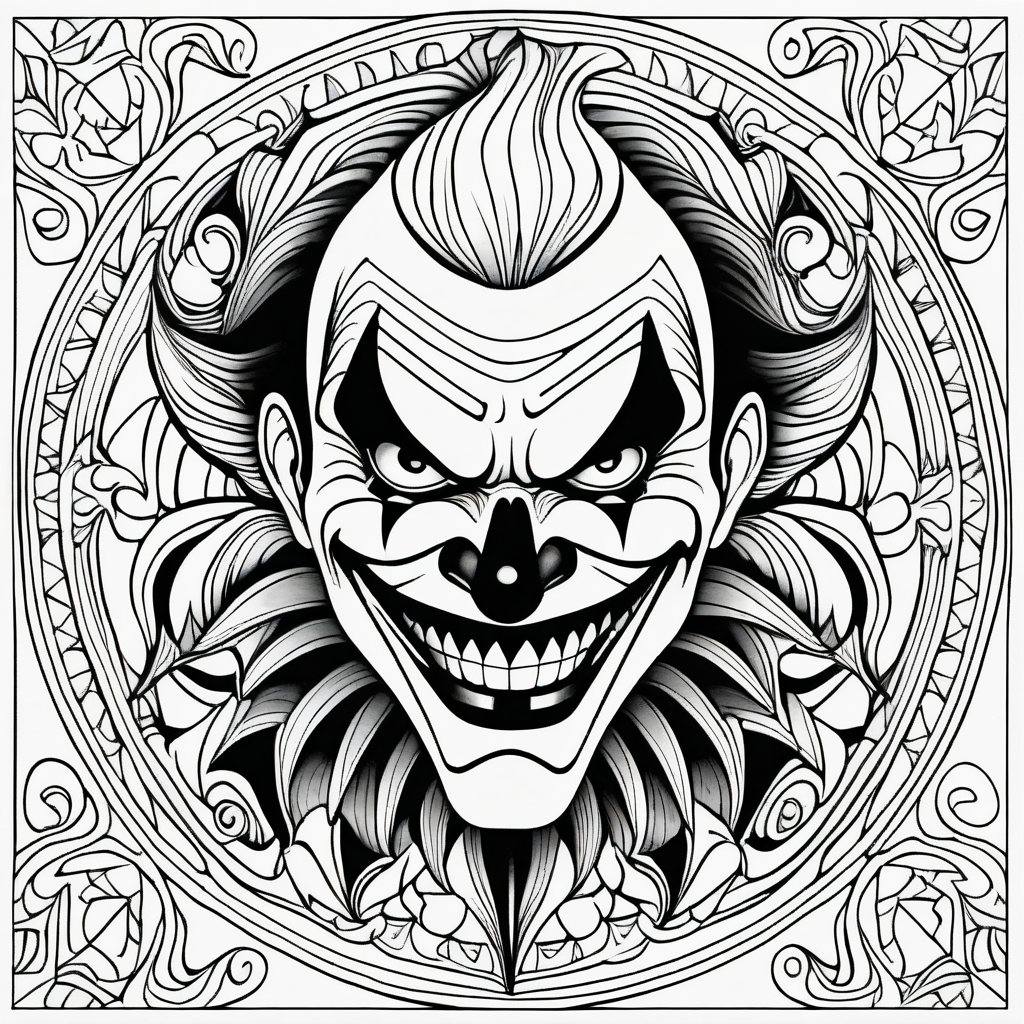 adult coloring page, black & white, strong lines, high details, symmetrical mandala, evil clown in style of joker