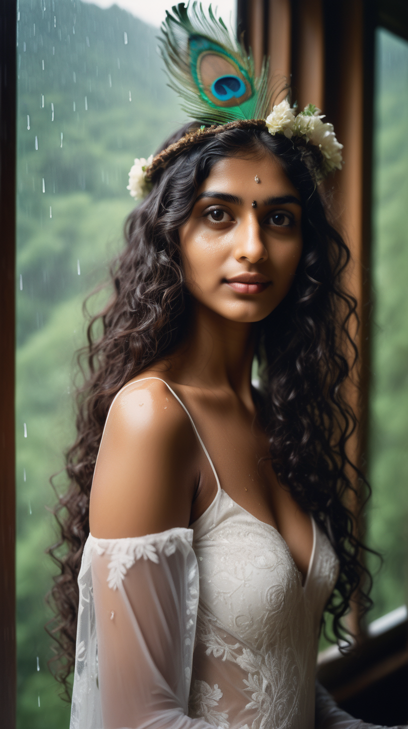 A beautiful slim Indian woman in her twenties with long curly hair , wearing a wedding dress, wet in rain, in a forest, mountains around, in the morning, delicate hands, detailed hands, detailed face, wearing flower crown, holding peacock feather, photorealistic, gravure, AV, pro photography, slide film, photo book, window light, full body shot, soft body, window light, film grain, 35mm
