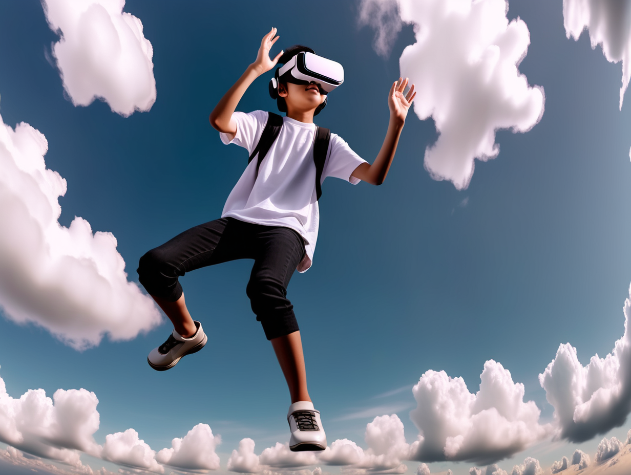 indonesia teenager wears VR gadget full body flying in the sky from low angle and long shot