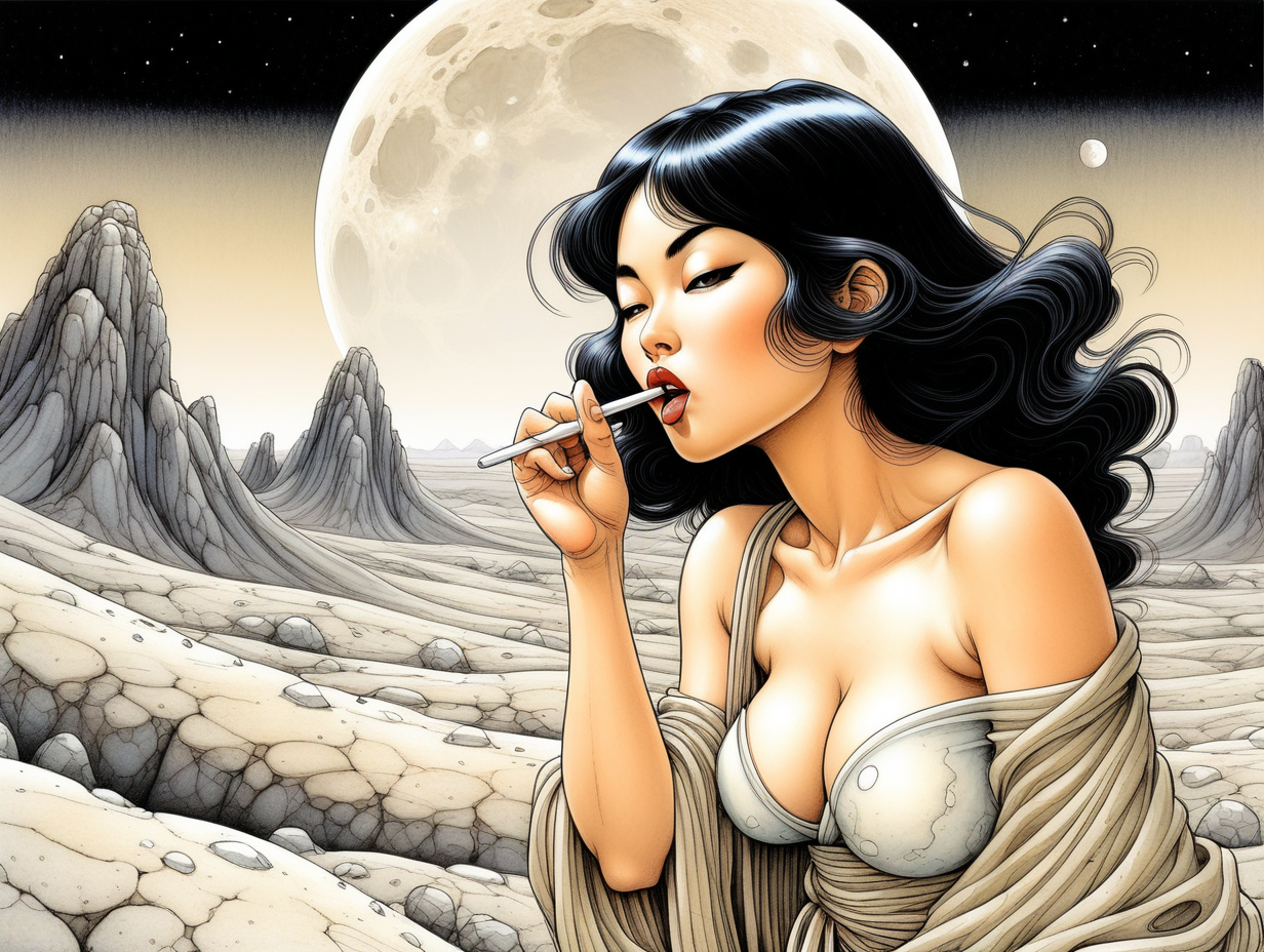 Lunar landscape with Milo Manaratype Asian woman sucking