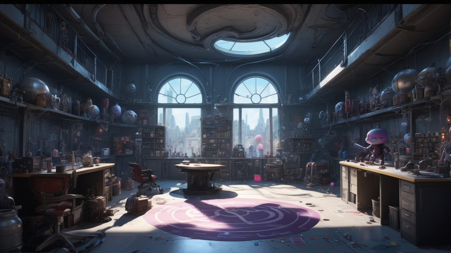interior location of Arcane movie like VI and Jinx practice scene. Included Items, weapons and toys for jinx. There is a balcony overlooking the Arcane city. There is a laboratory in the middle of the place. The ceiling of the place is high and spacious. There are also heavy weapons and missiles next to the place. The place is considered old and messy, but it is arranged in the Jinx way. The place took a circular shape.