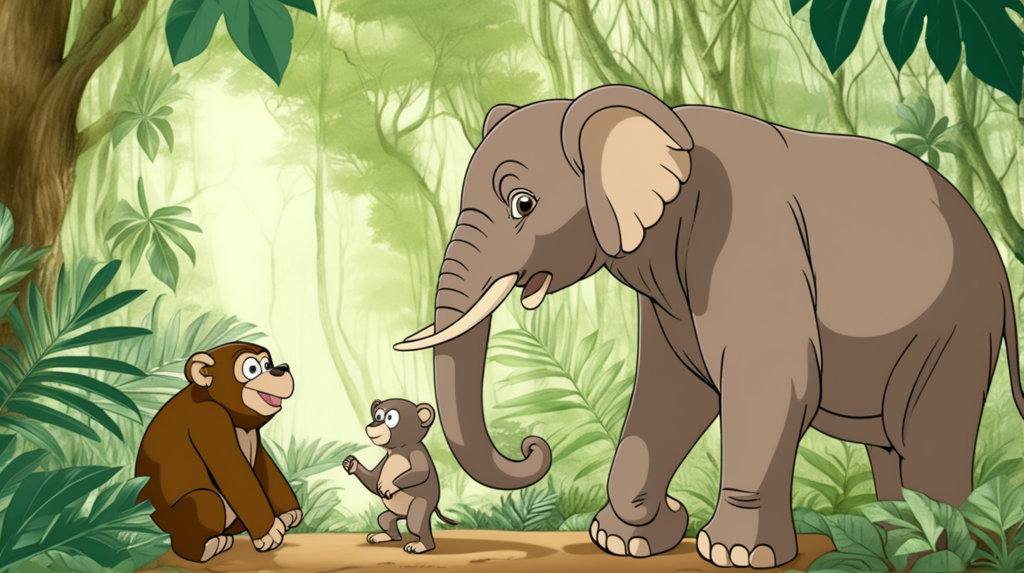 a cartoon monkey and elephant an owl and a brown bear standing in a green jungle where the monkey looks like its talking