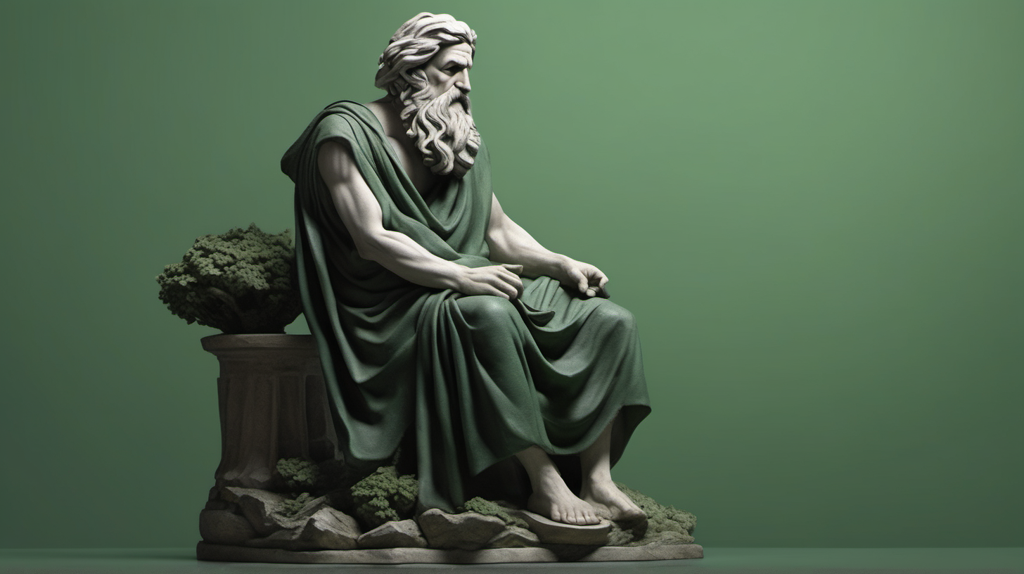 "Create a visually striking and realistic representation of a Greek old man in the form of a dark green stone statue. The statue should be set against a green cloudy background, featuring prominent muscles, long hair on the beard, a single cloth draped over one shoulder, and a scattering of dark green stone tree leaves surrounding the scene. The goal is to evoke a sense of ancient Greek artistry with attention to detail and a harmonious composition."