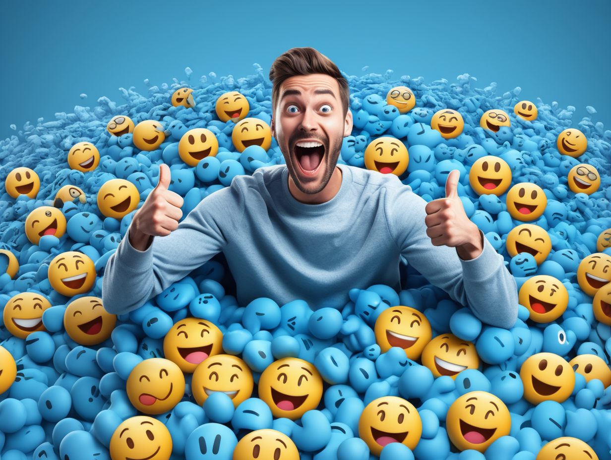 Generate an image of a man with an excited face expression who has fallen on top of a heap of blue-colored thumbs-up emojis. The scene should be dynamic and convey a sense of joy. Please ensure the emojis are clearly visible and the overall composition is visually appealing.