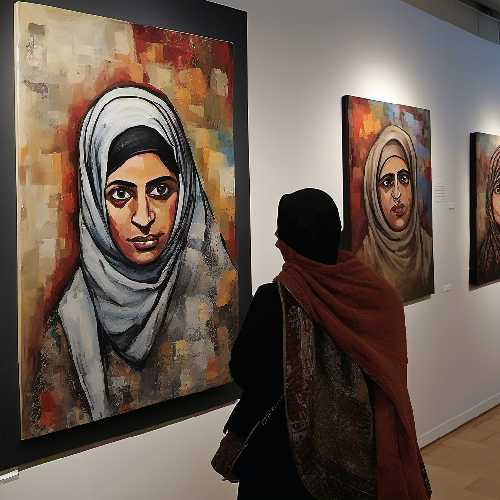 Artistic Interpretations: A gallery setting displaying diverse art pieces interpreting key Gaza conflict moments, each in a distinct artistic style, reflecting the varied perceptions and emotions evoked by war.

