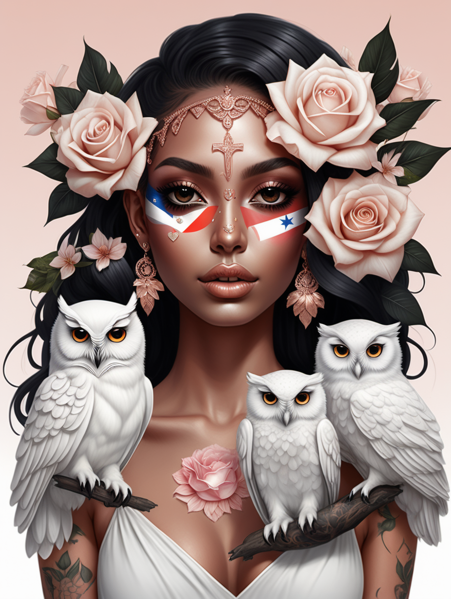 exotic 3 women with black, white and Hispanic skin with floating crystal balls in rose gold wearing a Dominican flag
 looking at a white owl with love she has tattoos and soft color flowers in there hair