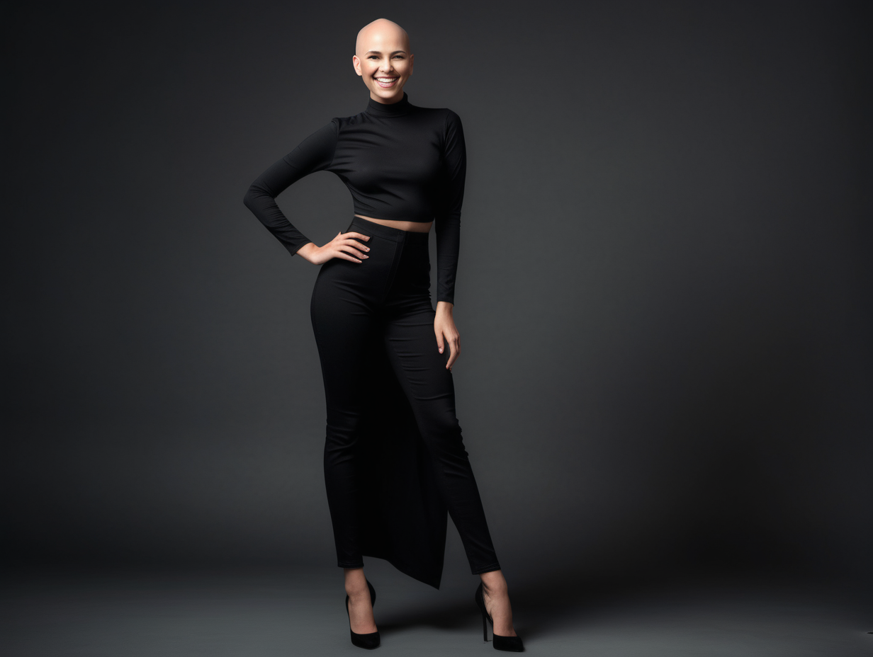 full body photoshoot of a young bald female model posing and smiling in black chic attire