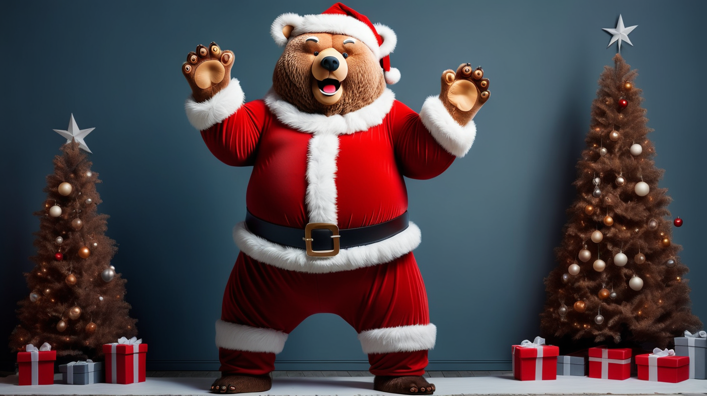  Санта клаусом нарядился большой медведь и стоит на двух ногах