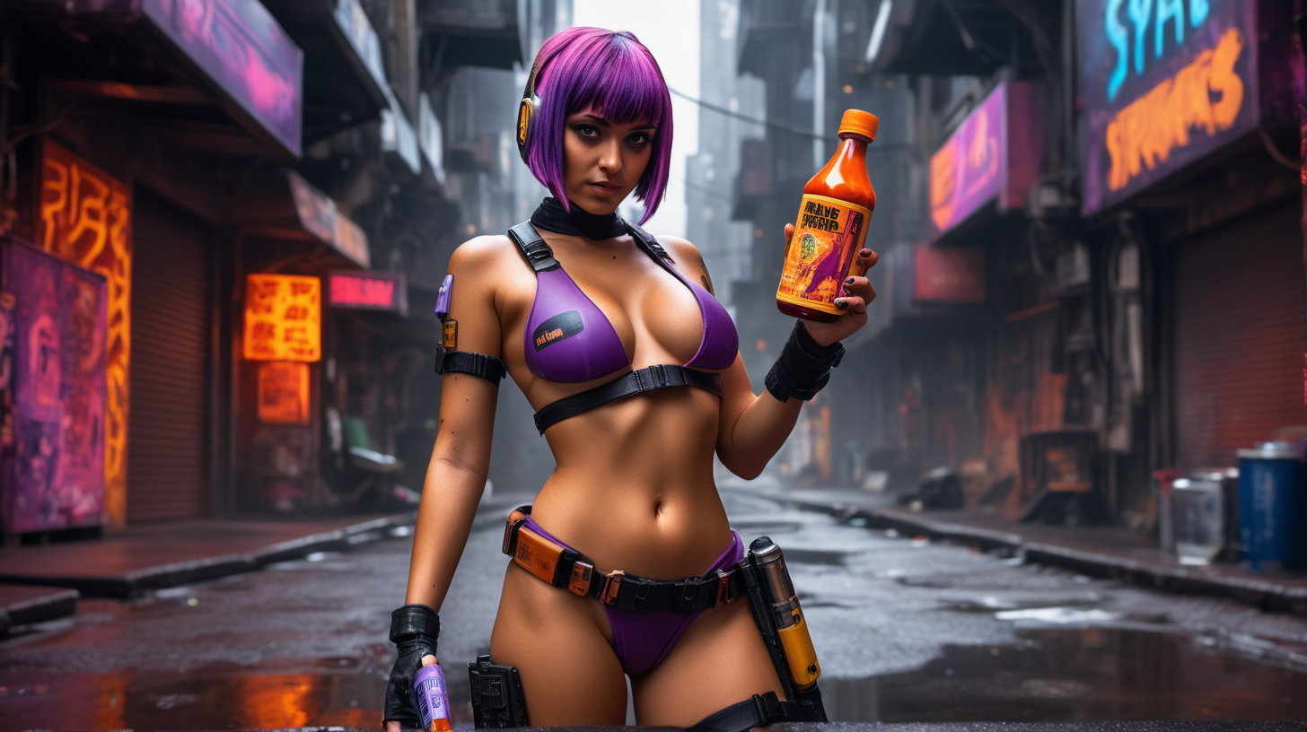 sabine wren bikini model holding hot sauce on cyberpunk street