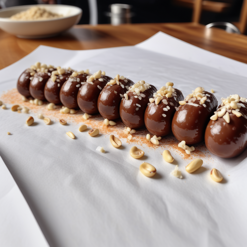 Small finger sized Chocolate sausage, with thin dark brown lines running across the whole surface and crushed white cashew sprinkled topping at the middle of the bar, placed on a white paper in a cafe
