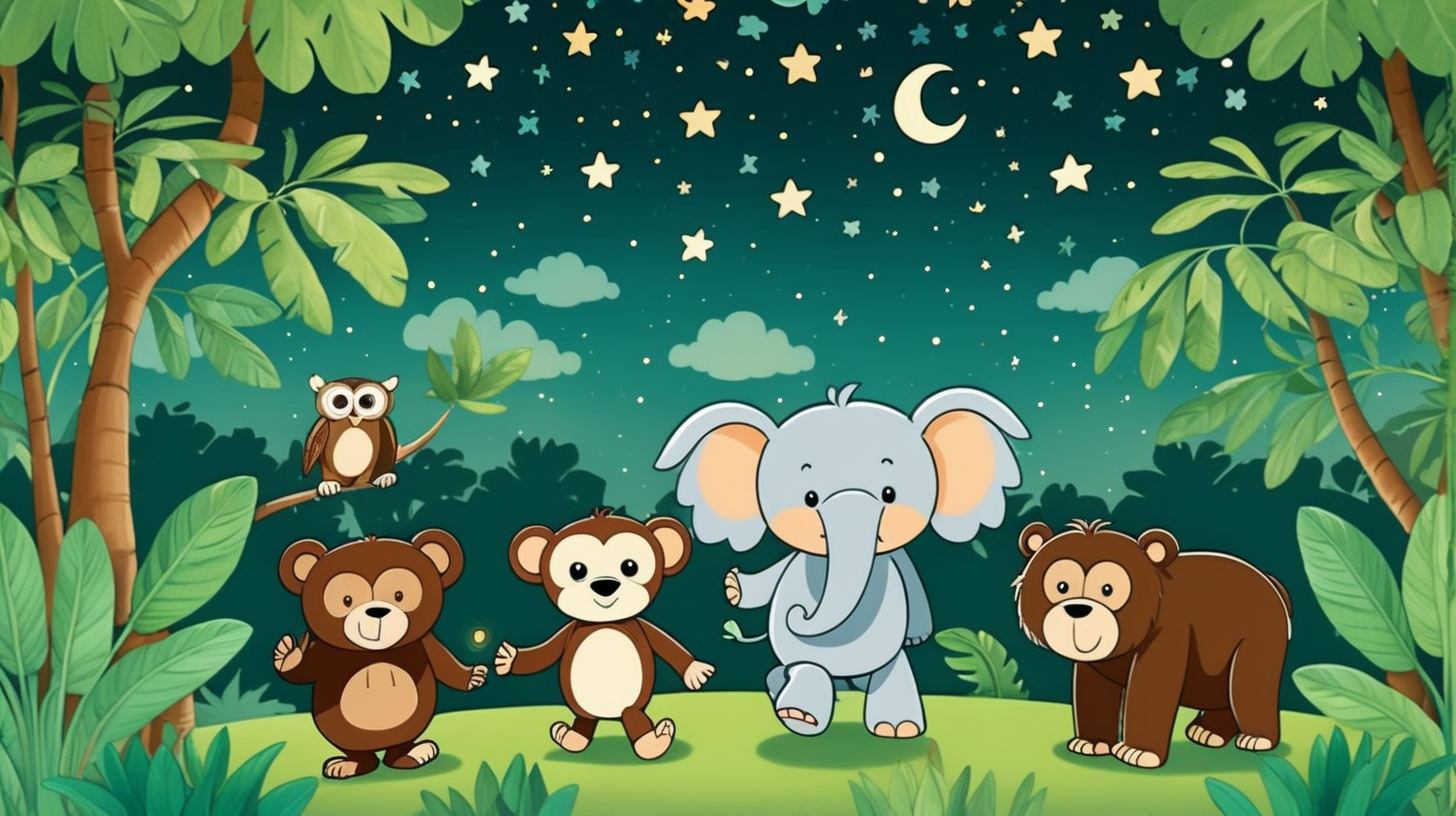 cartoon elephant, owl, bear and monkey happy  together under stars in a green jungle