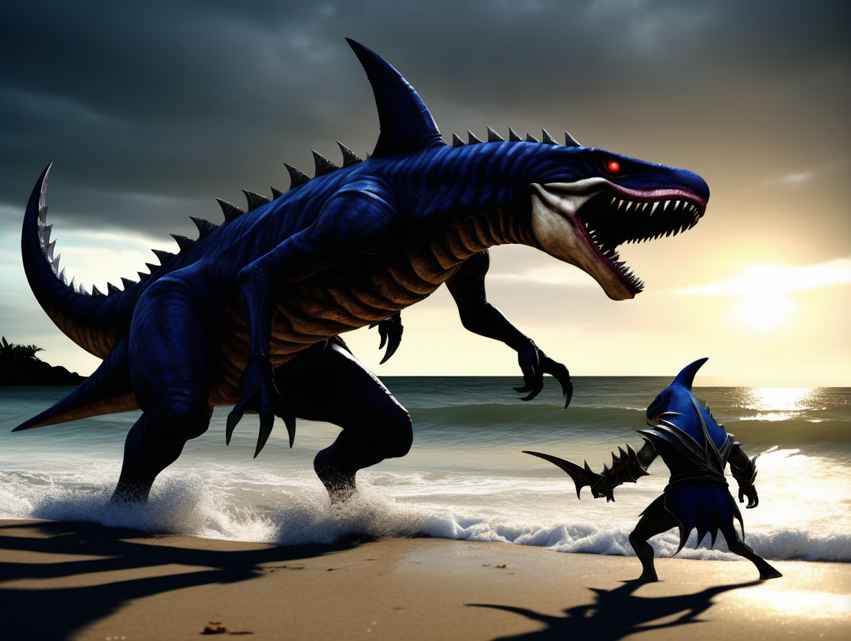dark souls style Dinosaur shark hybrid garchomp deltamon boss fight on the beach