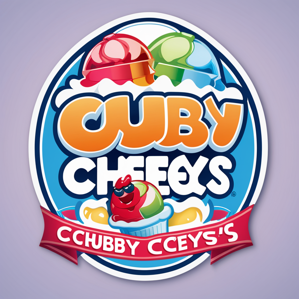 Creat an image of a stylized 3 dimensional emblem with resemblance to a badge or seal. The emblem features the company name “Chubby Cheeks Iceys” in bold raised lettering. The central image consists of an animated italian ice with the words surrounding it 
