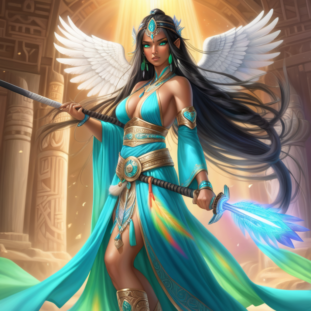 Seline the Goddess of light and love, and Crystal queen of indain decent, wings and rainbow power, samurai warrior and goddess with pure green blue eyes, black long hair to floor, powerful goddess of love, beautiful dress long, boobs, tan, thighs,