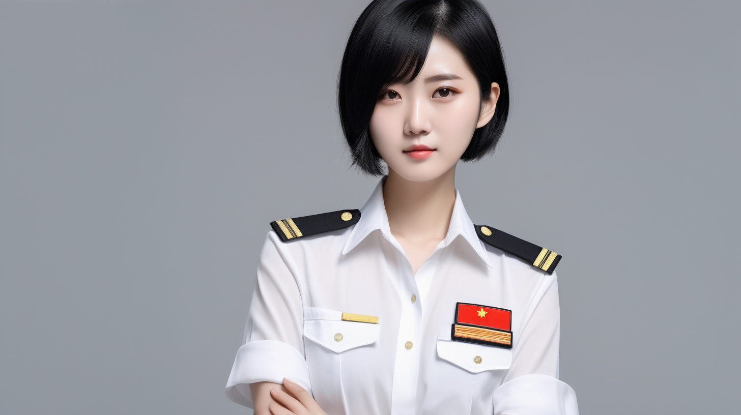 A Chinese naval female soldierYouthShort hairBlack hairWhite shirtFrontal