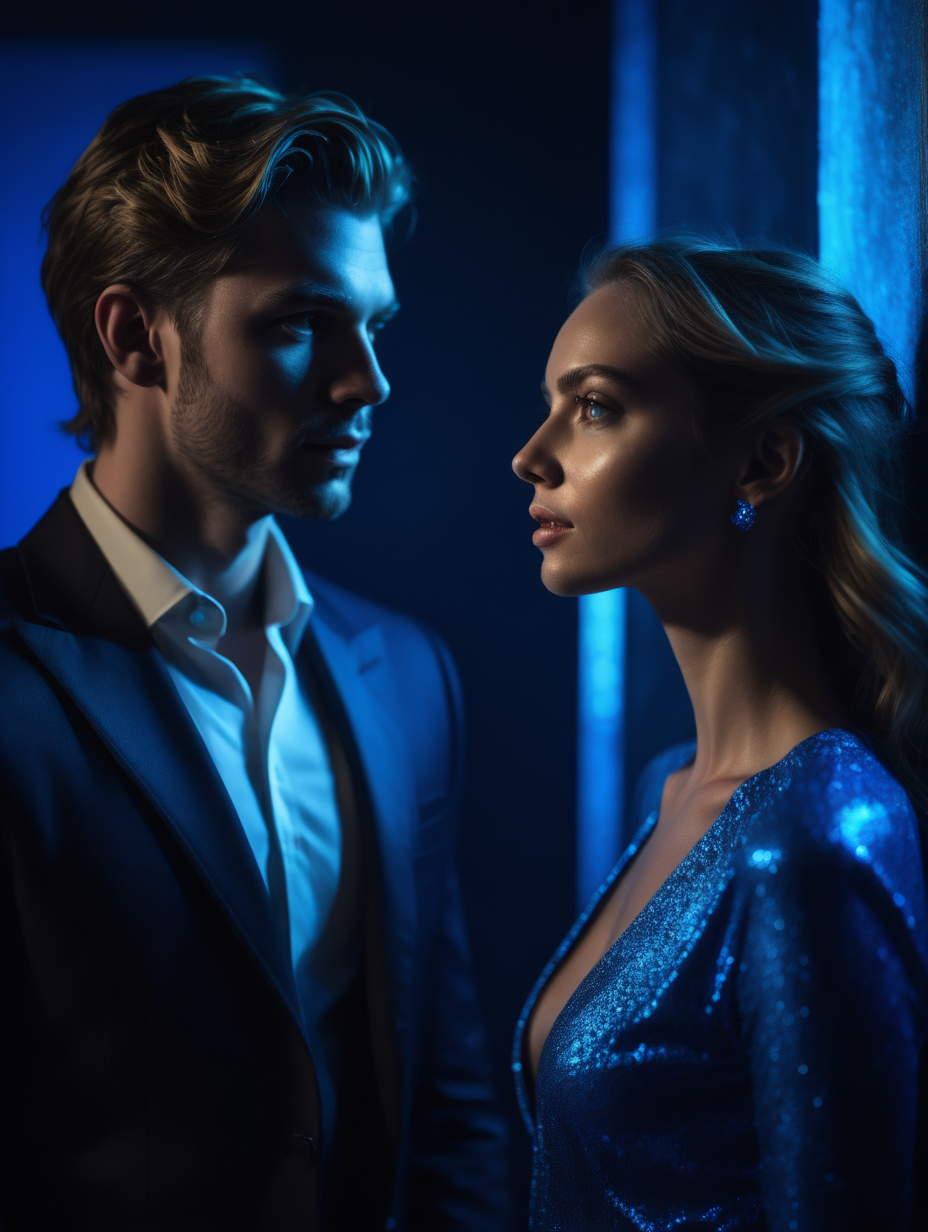 Rich male and beautiful female lead looking away in a blue dim lighting place