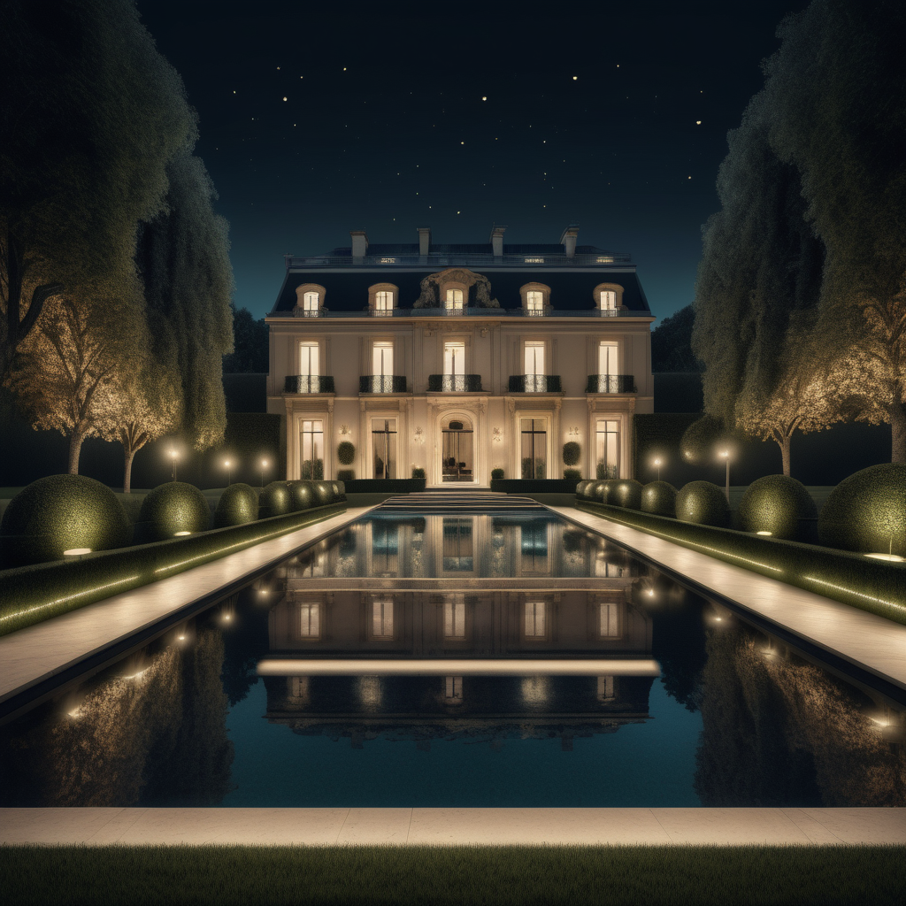 hyperrealistic image of a grand modern parisian estate pool at night; mood lighting; lush sprawling lawn and gardens; beige, oak, brass and black;
