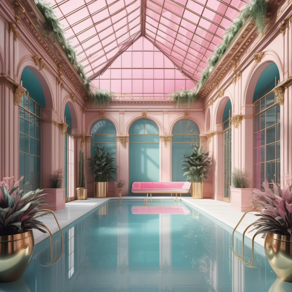hyperrealistic image of grand modern Parisian  indoor pool with glass roof, sunbeds, hanging plants, in an aqua, pink and brass colour palette