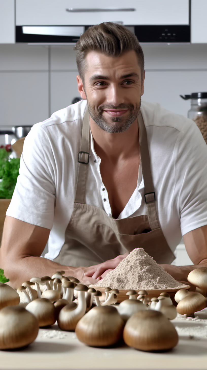 handsome man in his kitchen with a pile of mushrooms and mushroom powder on the table 4k