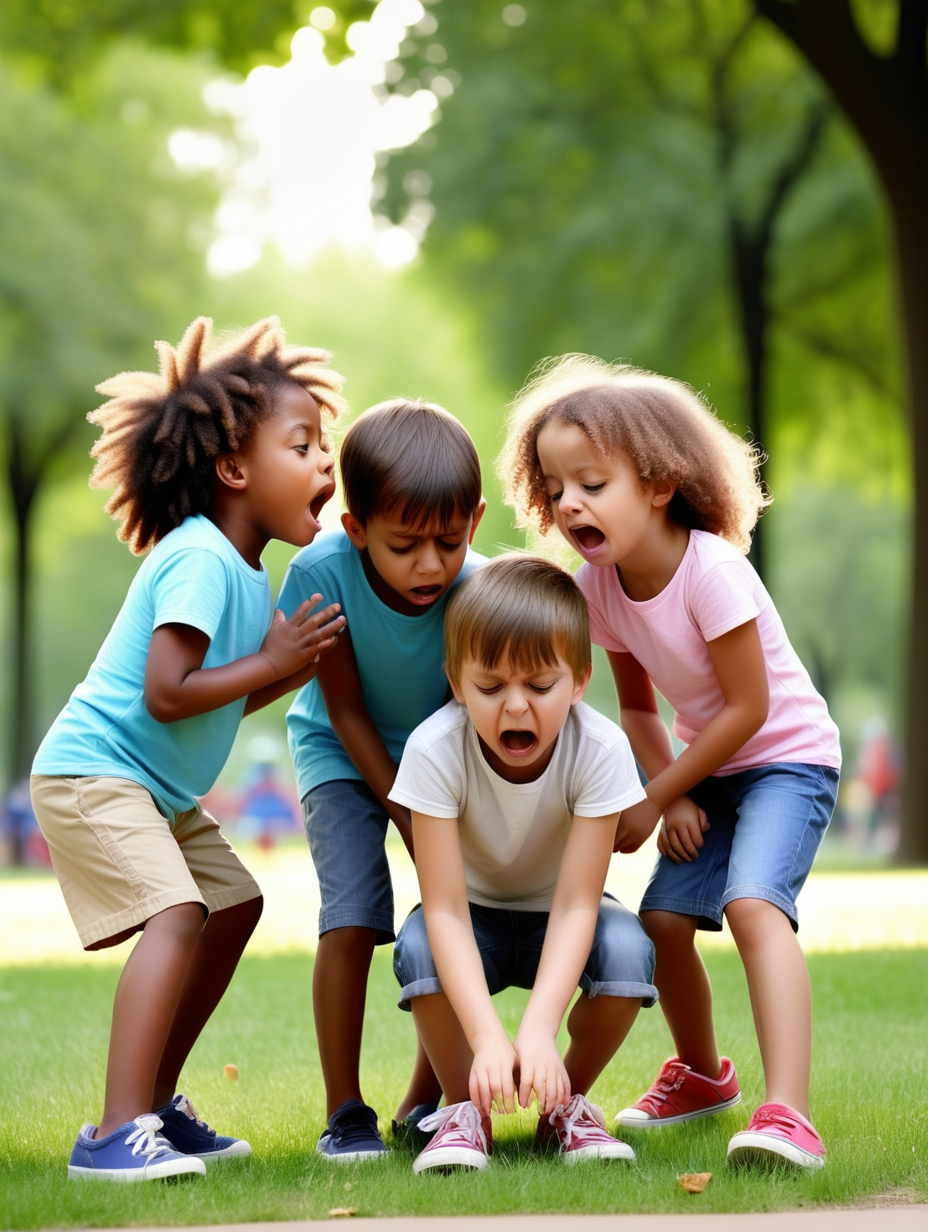 4 children playing in the park together, one of them feeling stressed

