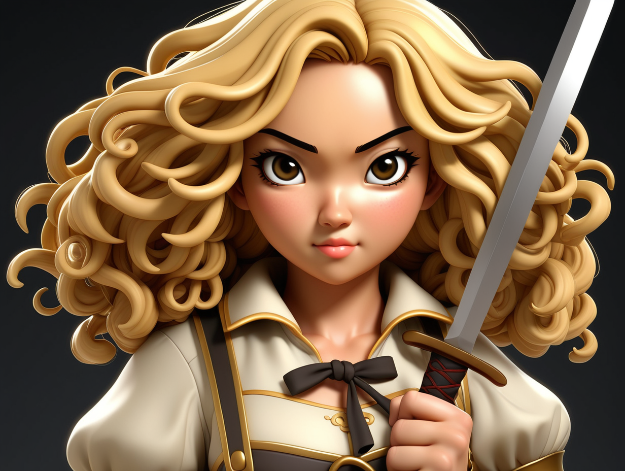 3D, Anime, adult, age 35, Asian female, Describe in vivid detail the appearance of Goldilocks. Portray her with short, long-blonde curly hair, framing her face with dark black eyes. She is a fighter and is holding two daggers that she uses in combat.