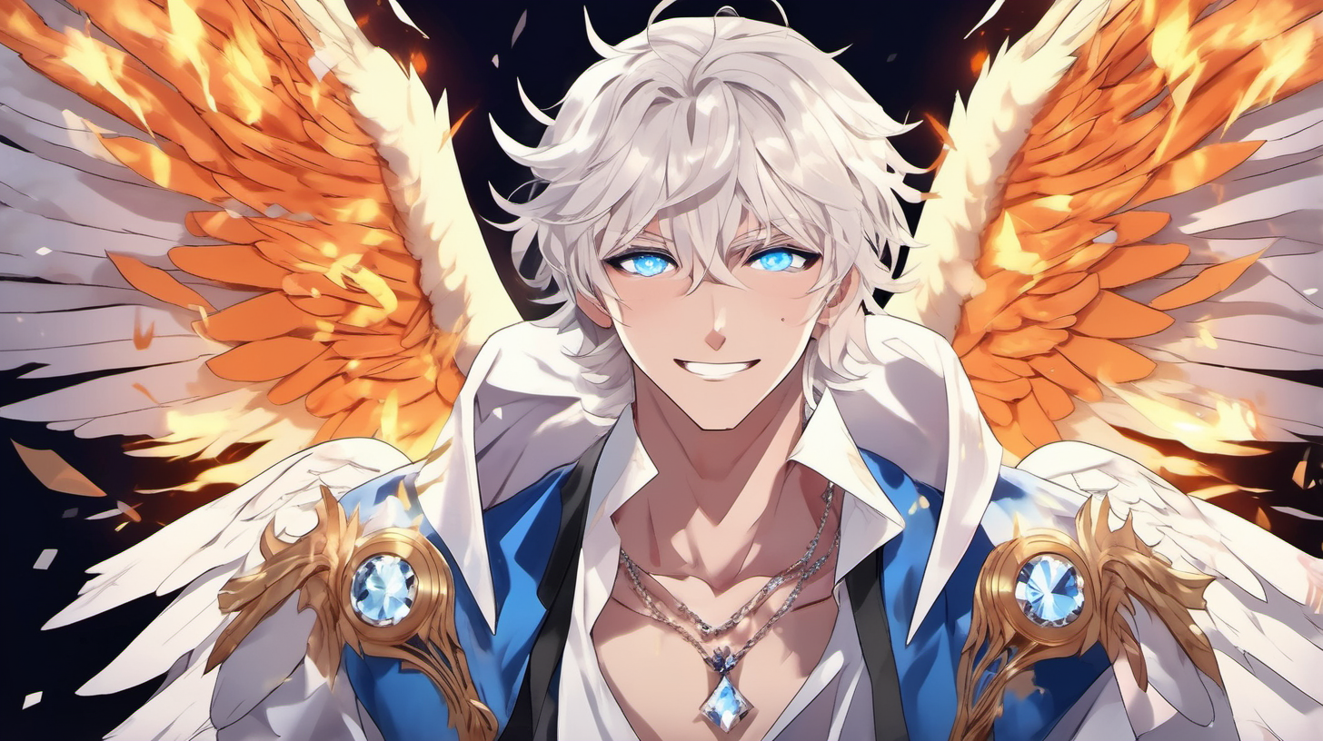Anime blue eyes with flames inside them, male dude with hero vibes, smiling with smug powerful face, white curled hair,  large angel wings with crystals, Dimond on forehead, necklace, happy guy