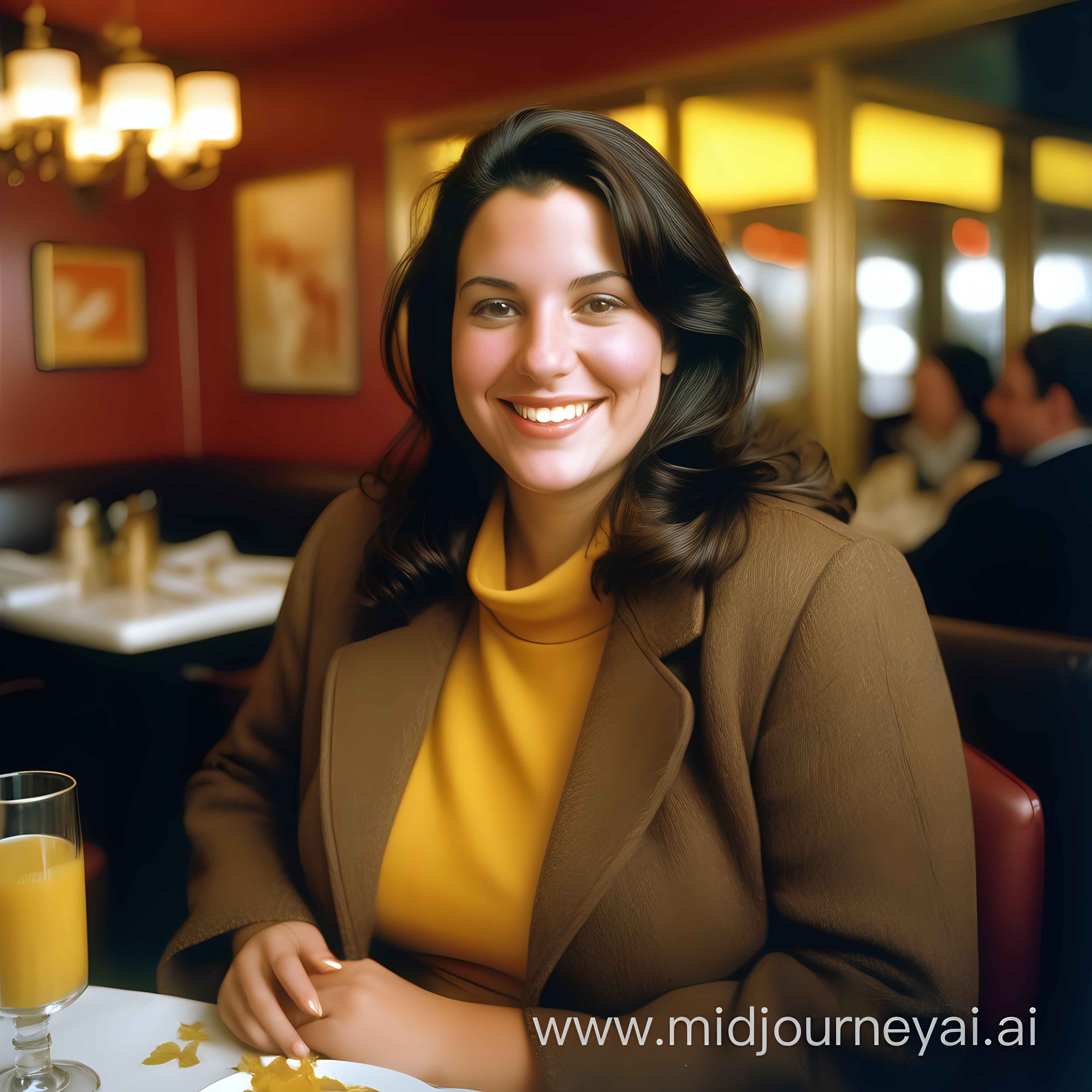 Create a modern clothed brunette expressive smiling woman using kodak gold 400. Put her in a Manhattan resturant. Make her slightly more chubby and colourful. Add more autumn clothing. Make her even more chubby and modern. Add even more wheight on her and make her around 35 years old.