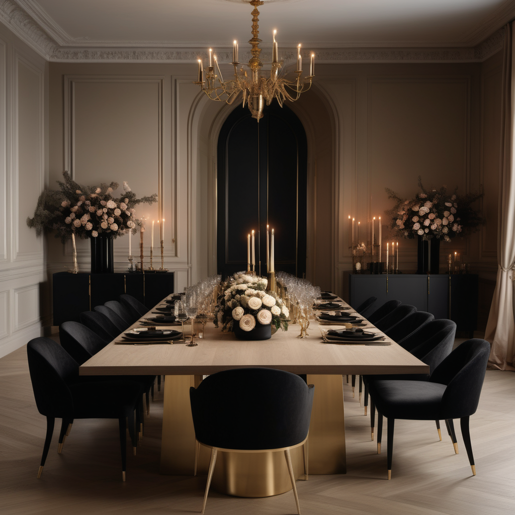 a hyperrealistic of a grand Modern Parisian dining table properly set for a dinner party for 12 people in a beige oak brass and black colour palette with  flowers and candles and mood lighting
