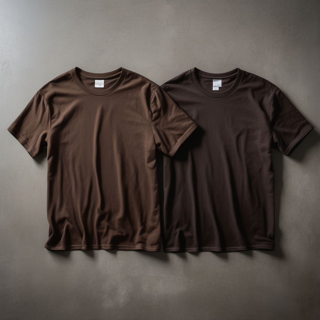 front side of 2 dark brown t-shirts on concrete floor