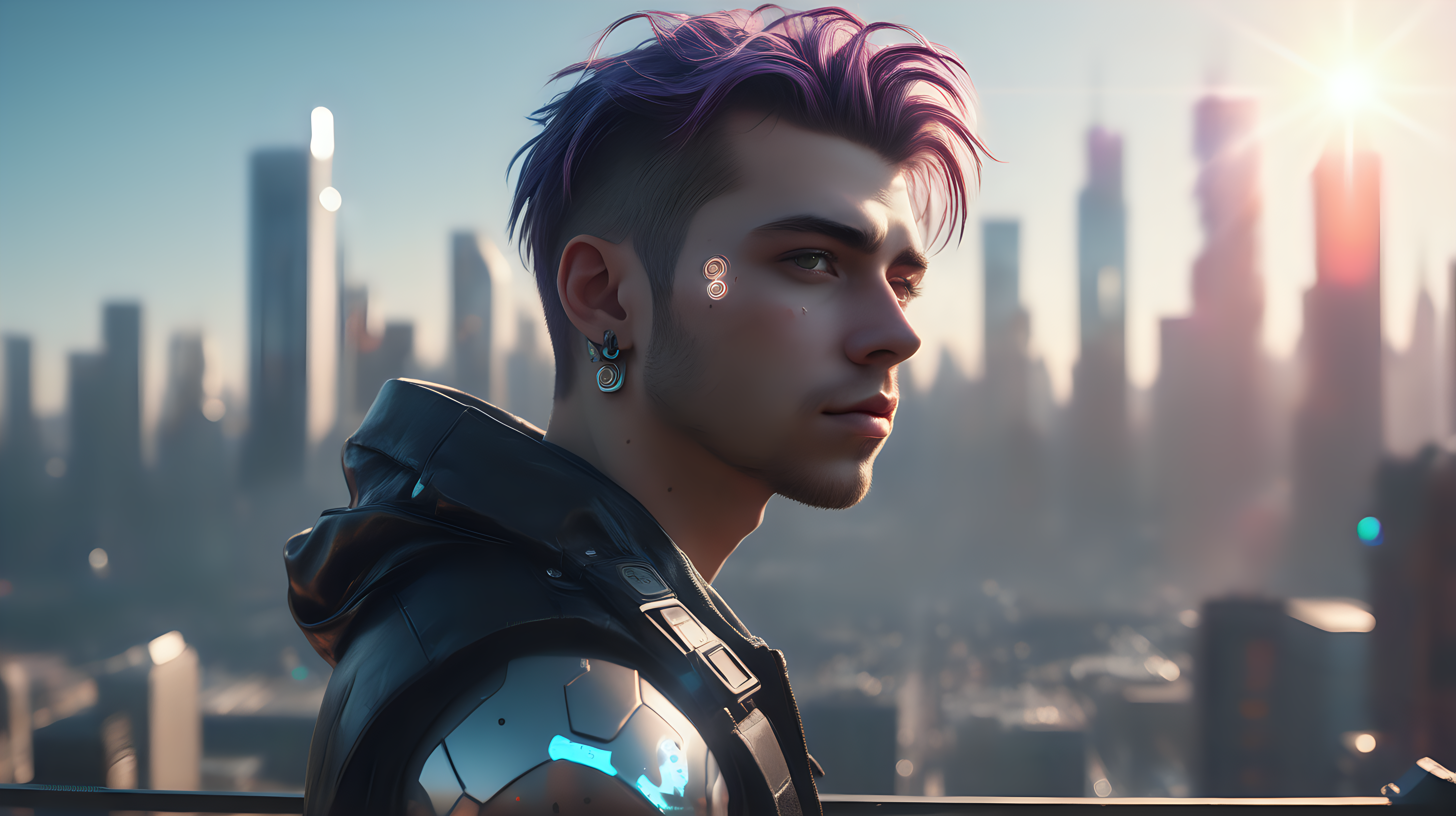 Dystopian, High Detail RAW color Photo, Full Shot, (cute male), standing on an overlook, in the distance cyberpunk city skyline, perfect face, (highly detailed, fine details, intricate), (lens flare:0. 5), (bloom:0. 5), raytracing, specular lighting, shallow depth of field, 200mm lens, hard focus, smooth, cinematic film still