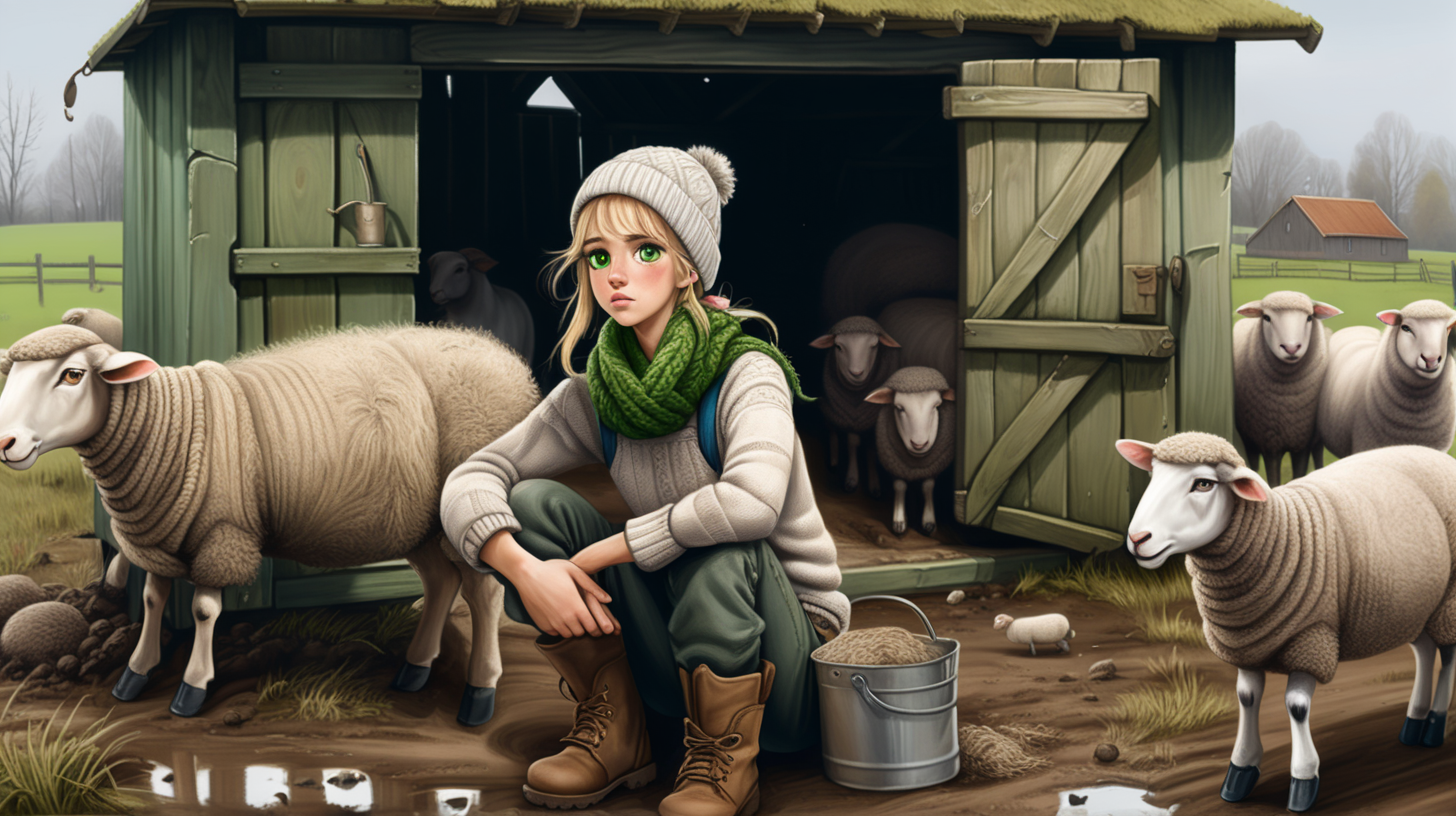 The young blond peasant woman with green eyes digs in the fields and looks after animals. Everything is muddy - next to it there is an old and broken shack with black smoke coming out of the chimney. A wooden shed. Next to it is a stable - full of sheep and animals. There are also bales of straw. It's winter, it's very studenty. The girl is wearing a torn and torn dirty white woolen sweater, dirty mud-stained jeans, wearing a quilt and a knitted hat. On his feet are worn muddy and dirty rubber boots, from which white dirty knitted woolen home-made socks are coming out. Dressed with thick quilting in a dirty green color. There is a torn knitted pink scarf - dirty from the mud. He also wears funny knitted gloves.