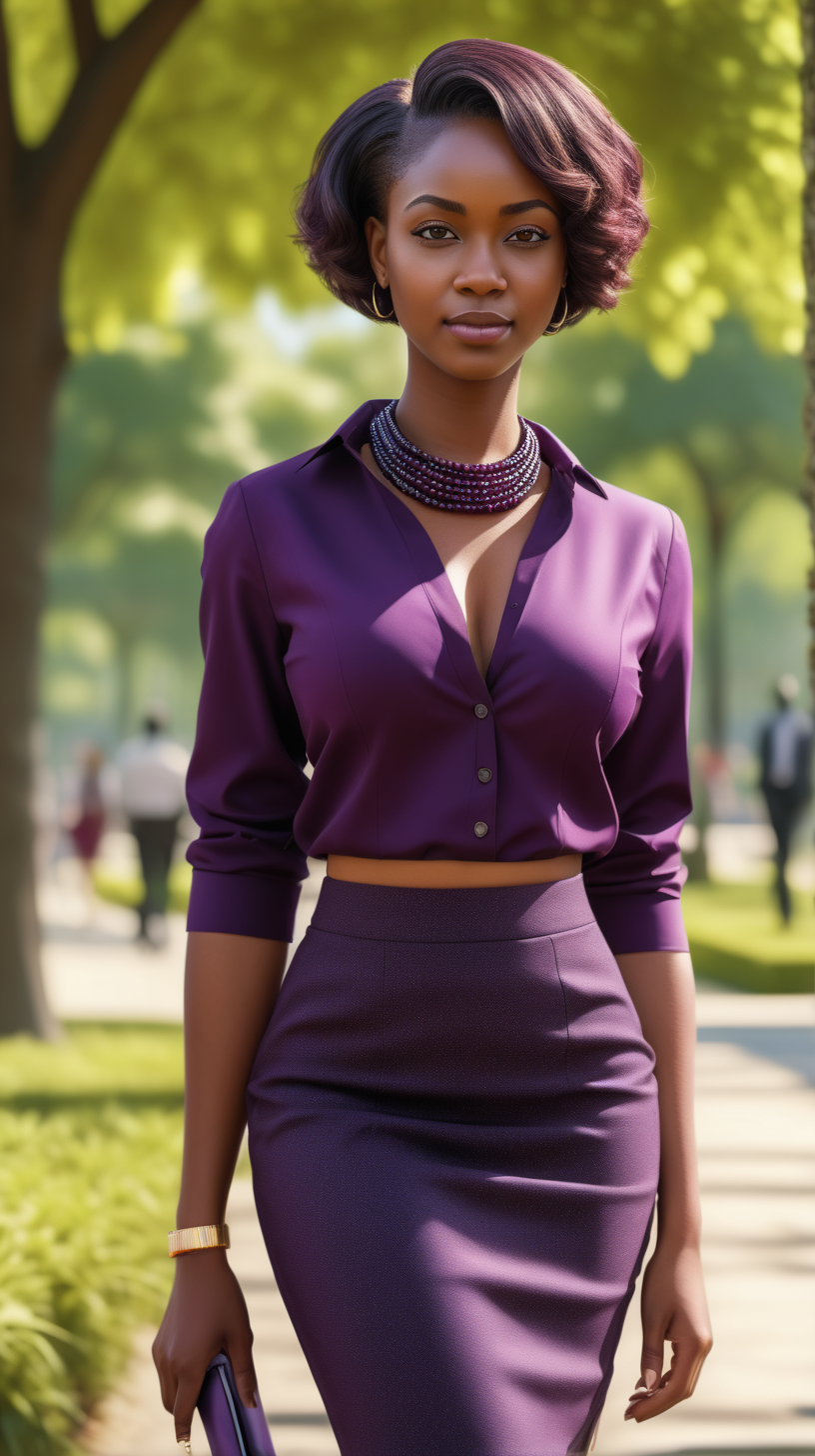 A handsome, intelligent black, female, wearing short hair, wearing a blouse, wearing a elegant, string of African beads, Wearing a Plumb, two piece, women's Pencil skirt suit, in a park, brightly lit, modern day, sunny, in Ultra 4K, High Definition, full resolution, hyper realism