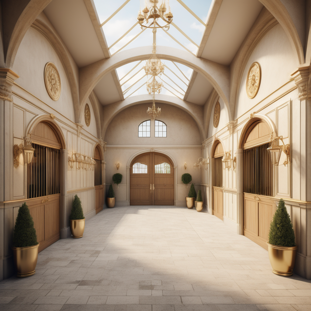 a hyperrealistic image of a grand modern estate horse stables; A combination of Parisian and Jerusalem-inspired design styles; Beige, oak, brass colour palette; 
