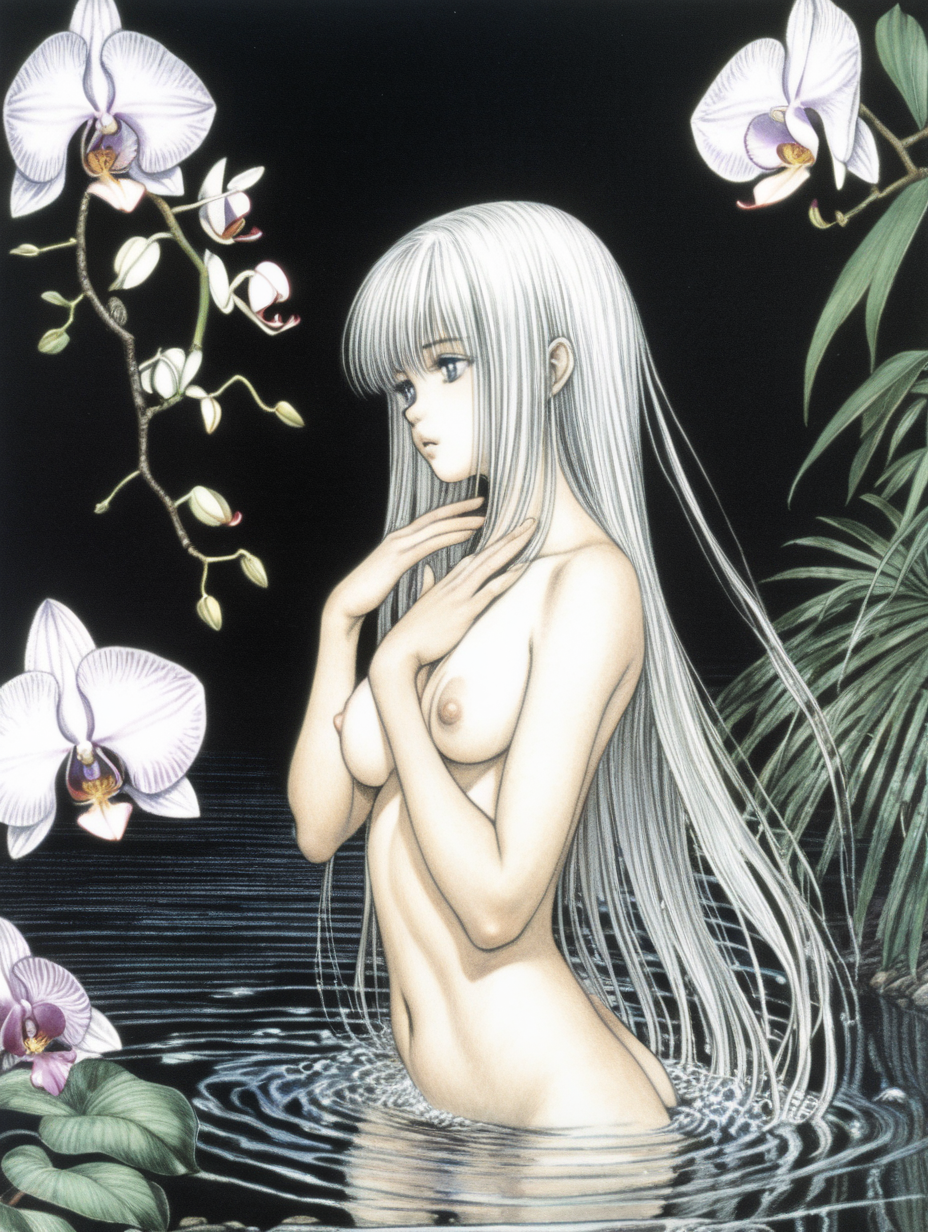 Chica de pelo largo platino y fino dibujada al estilo de Takeshi Obata y Yoshitaka Amano, esta desnuda, y tiene sus manos en el pecho. Sostiene en la mano unas orquideas. mira de forma juguetona hacia otro lado. Esta bañandose en una laguna de color negro.