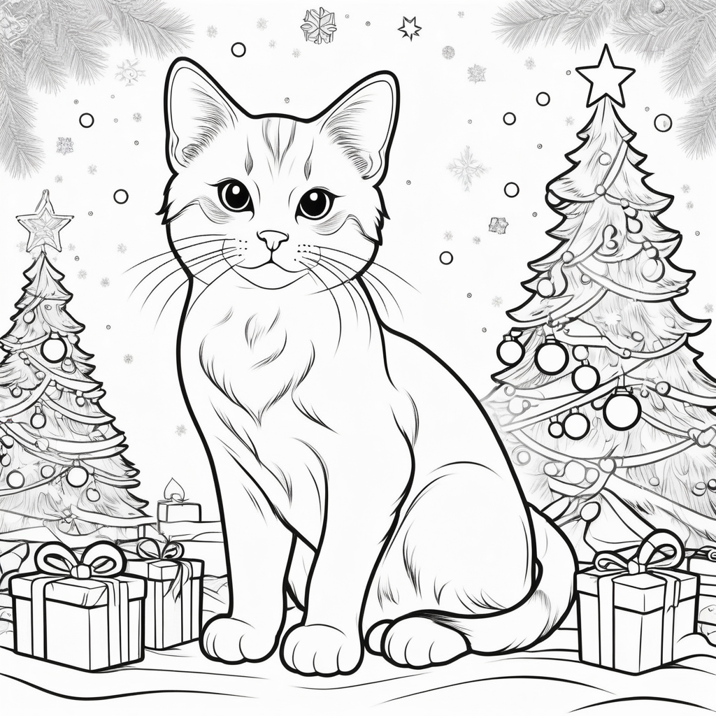 coloring book outline cat christmas