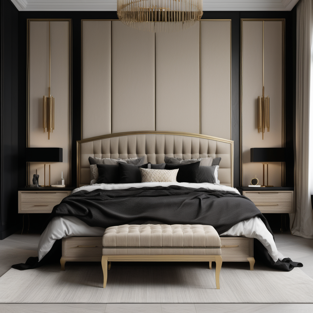 a hyperrealistic image of a modern Parisian King bedroom set
 in a beige oak brass and black colour palette