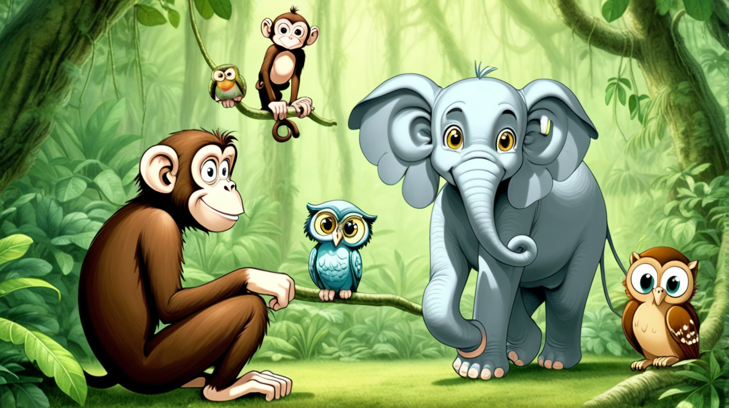 a monkey talking to his friend young elephant and owl in a green jungle