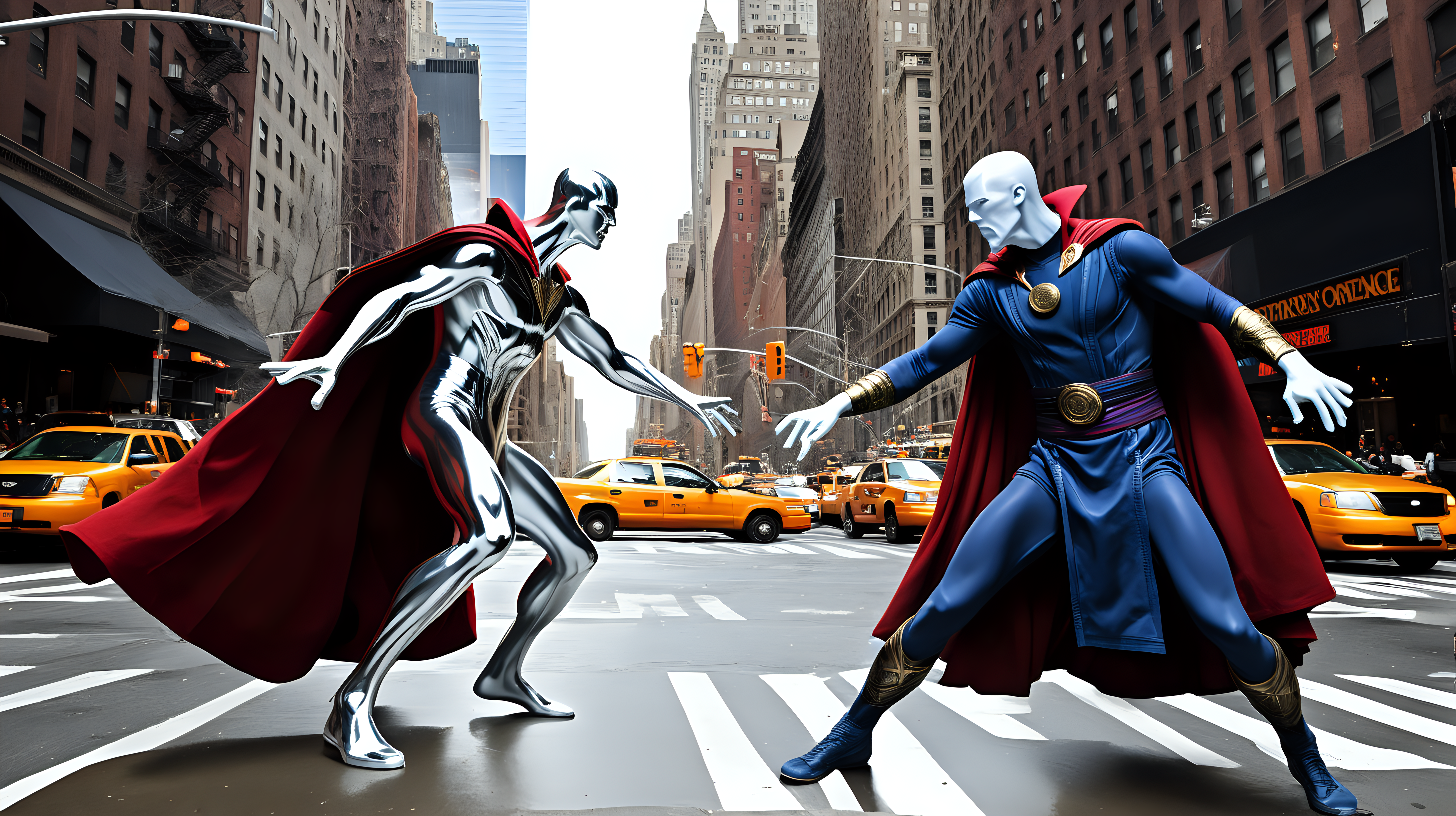 The Silver Surfer fighting Doctor Strange in NYC