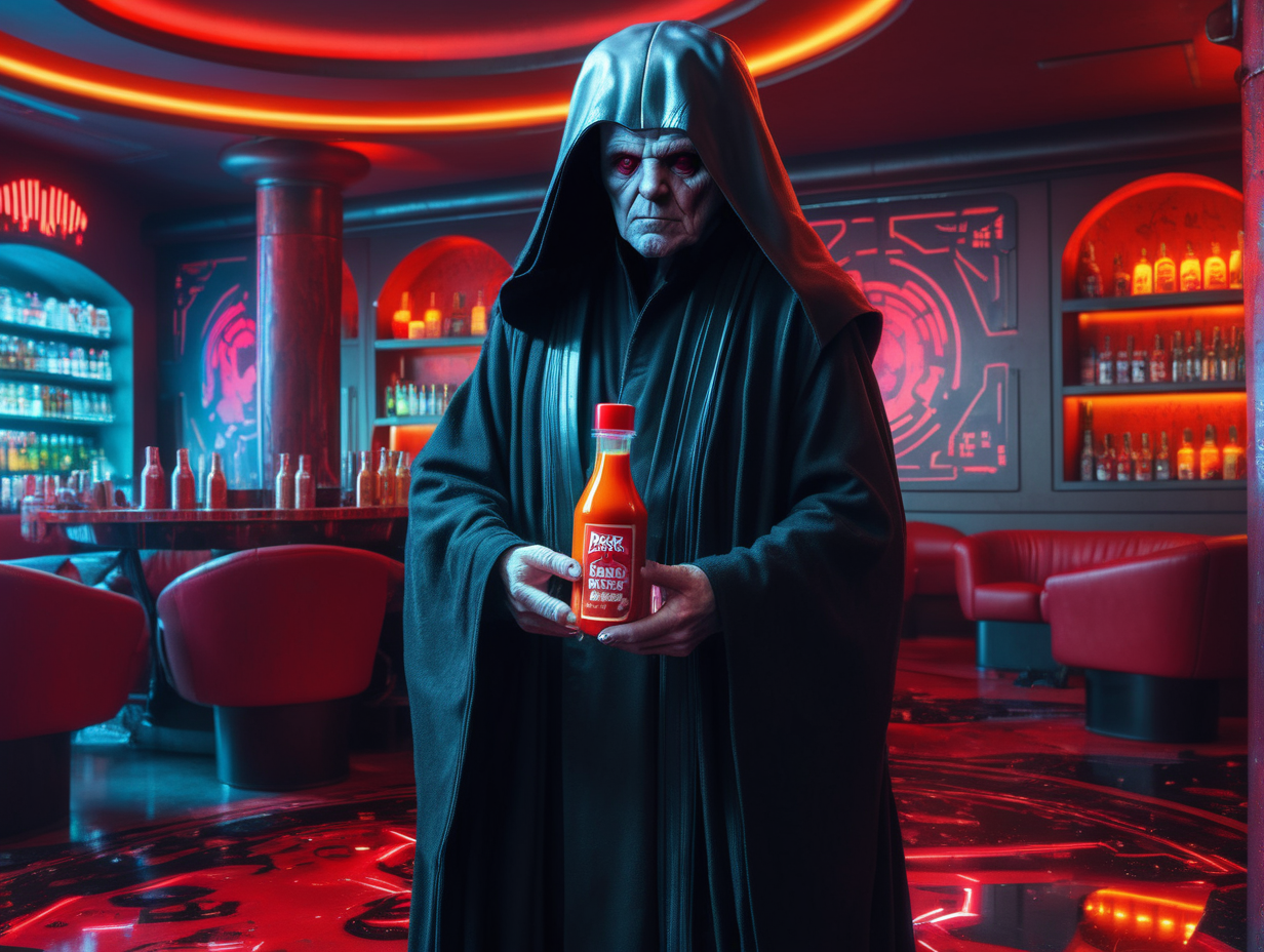 darth sidious loves hot sauce in cyberpunk hotel lobby