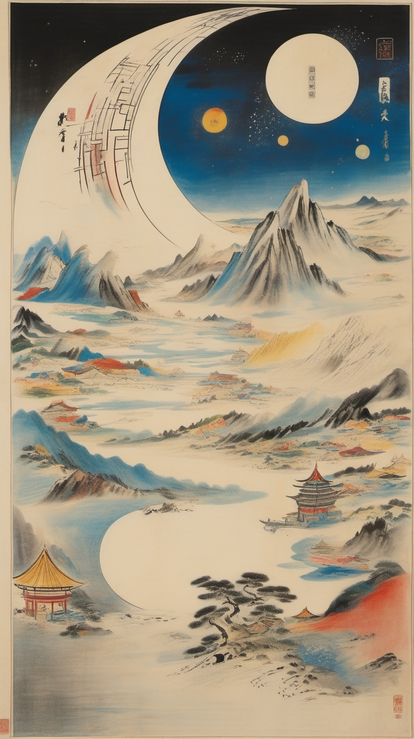 chinese gongbi drawing, with traversable wormhole, other worldly scenery, Wassily Kandinsky, sublime, stars, mountain scenery 