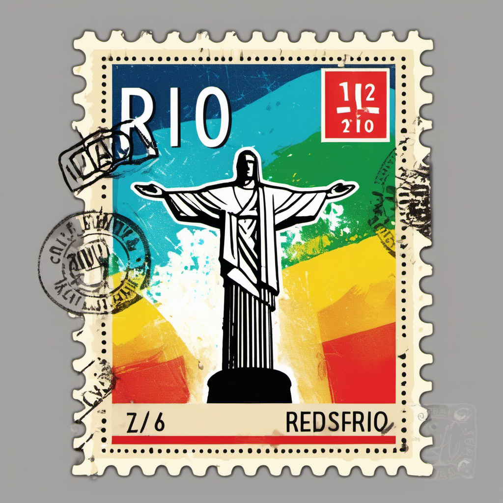 stamp with christ the redeemer, rio de janeiro, abstract, colourful, disstressed edges