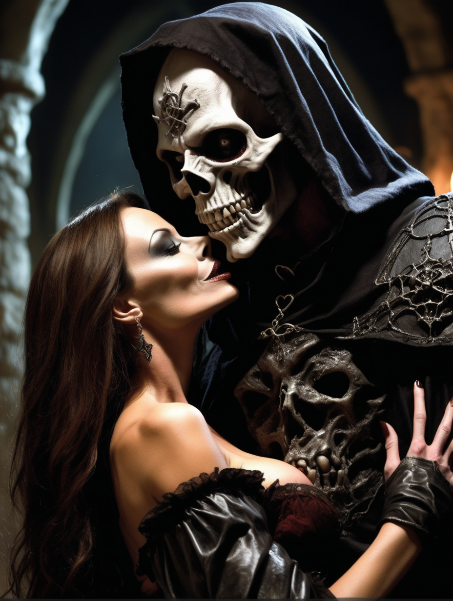 A subdued, enthralled Crissy Moran cuddling and kissing  a creepy  evil Necromancer in a medieval theme