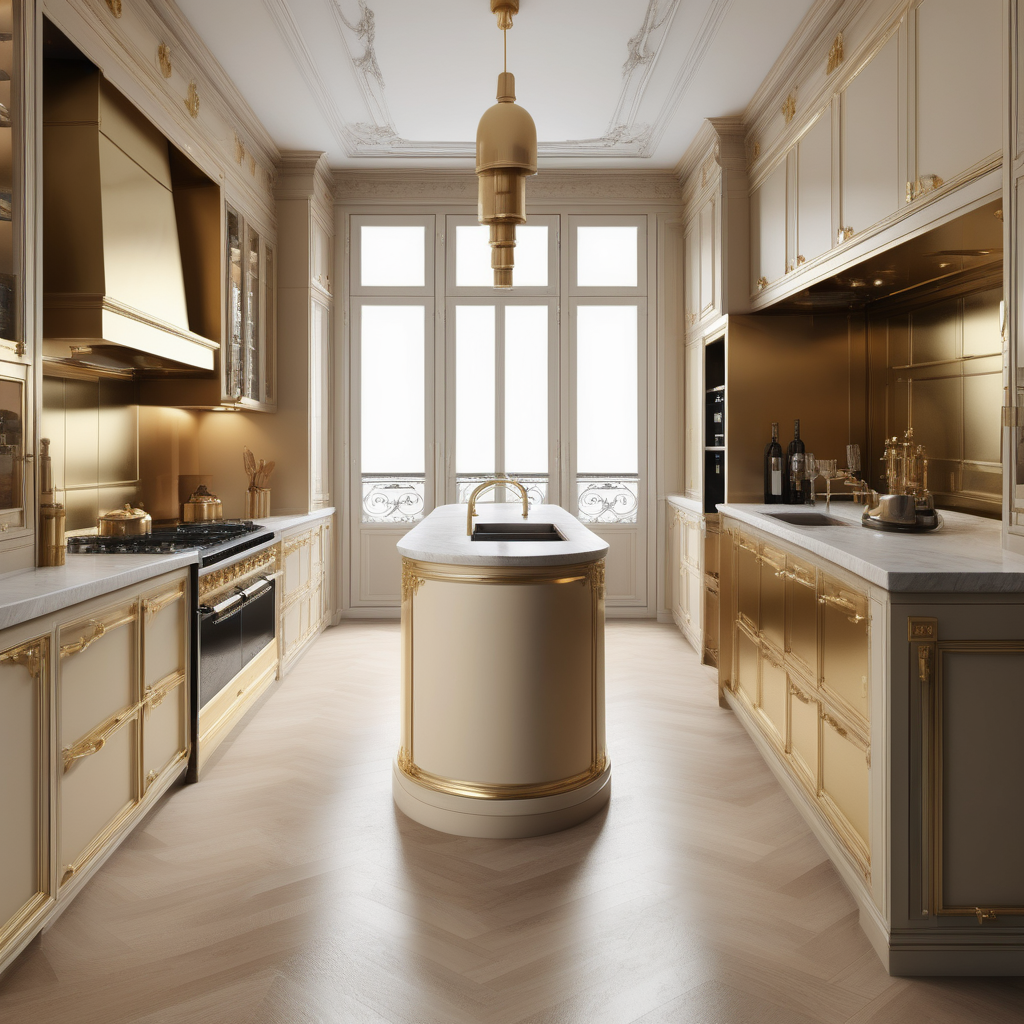 a hyperrealistic image of a palitial modern Parisian 3x6 metre Galley Kitchen  in beige, oak, and brass 

