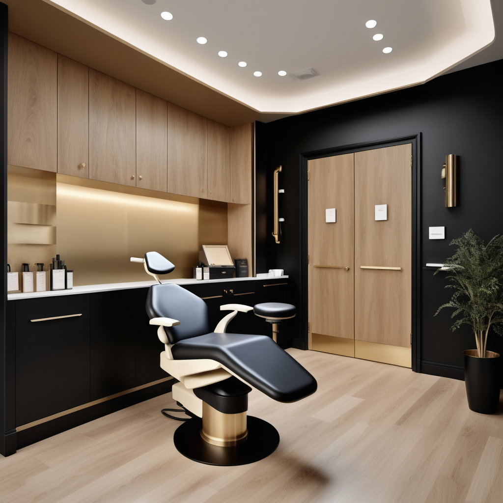hyperrealistic image of an elegant dentist centre interior in a beige, oak, brass and black colour palette
