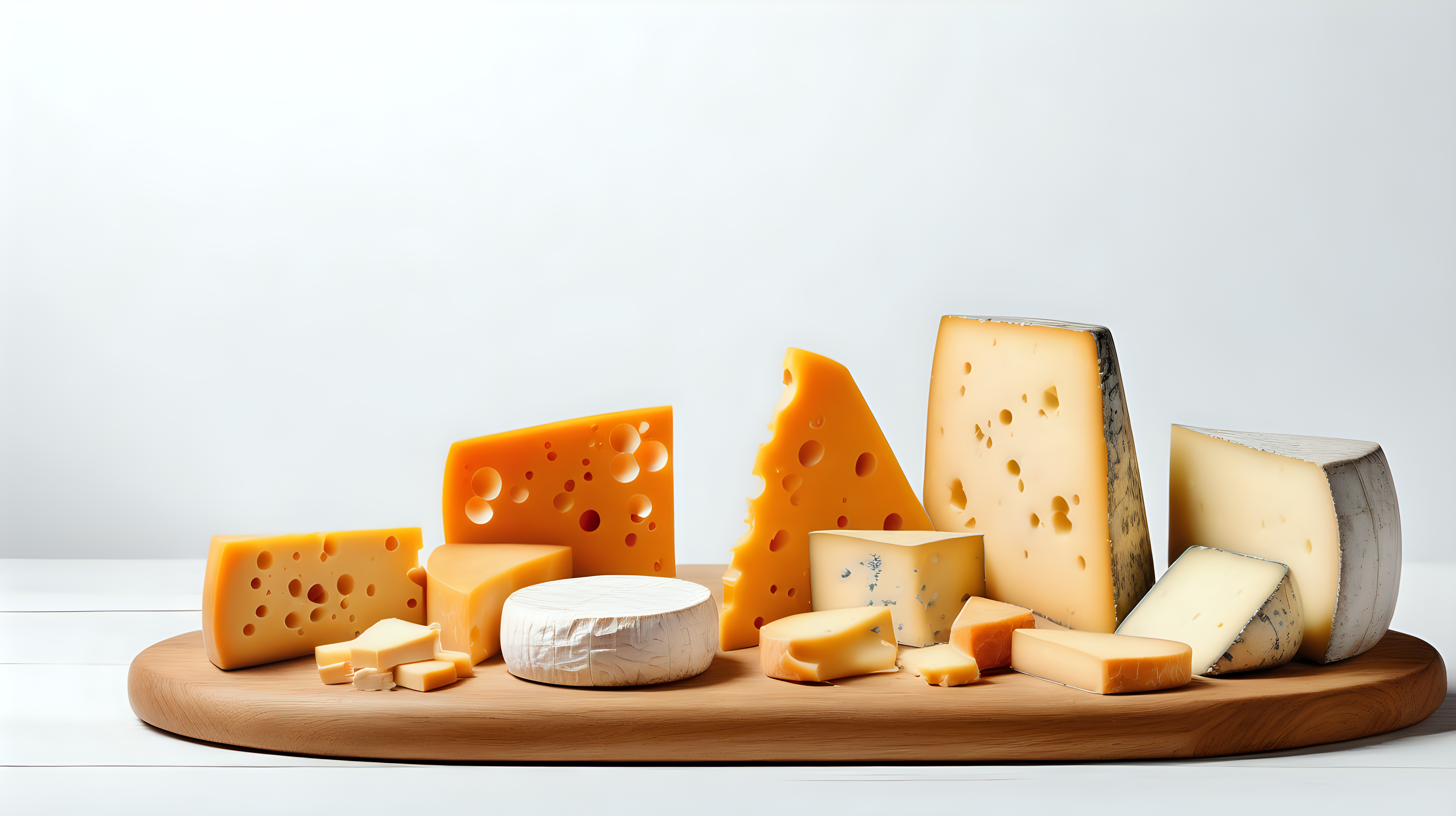 cheese shop, type of cheese, circles, halves, quaters of cheese on wooden table, isolated on white background, copy space