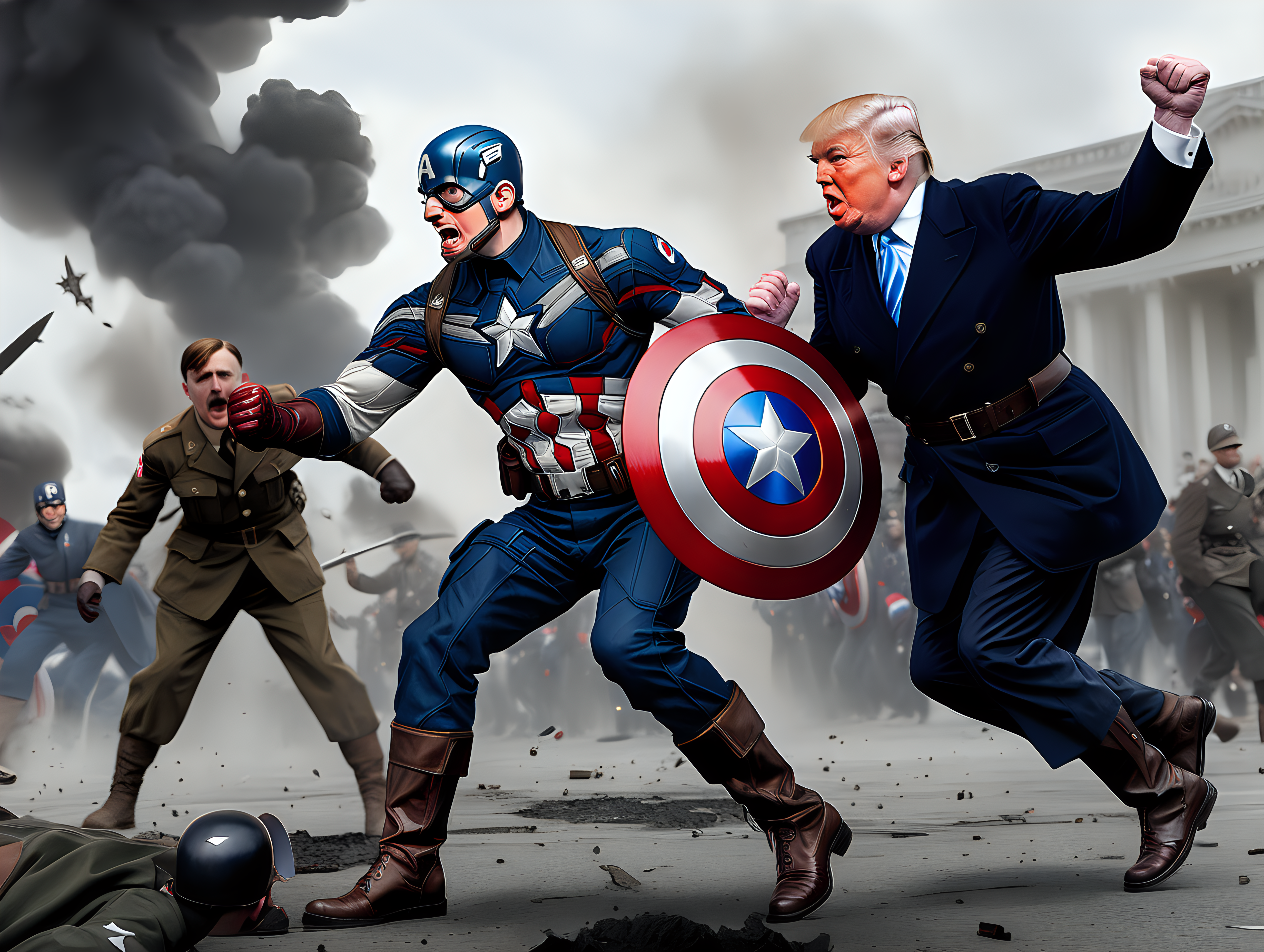 Captain America fighting Hitler and Donald Trump