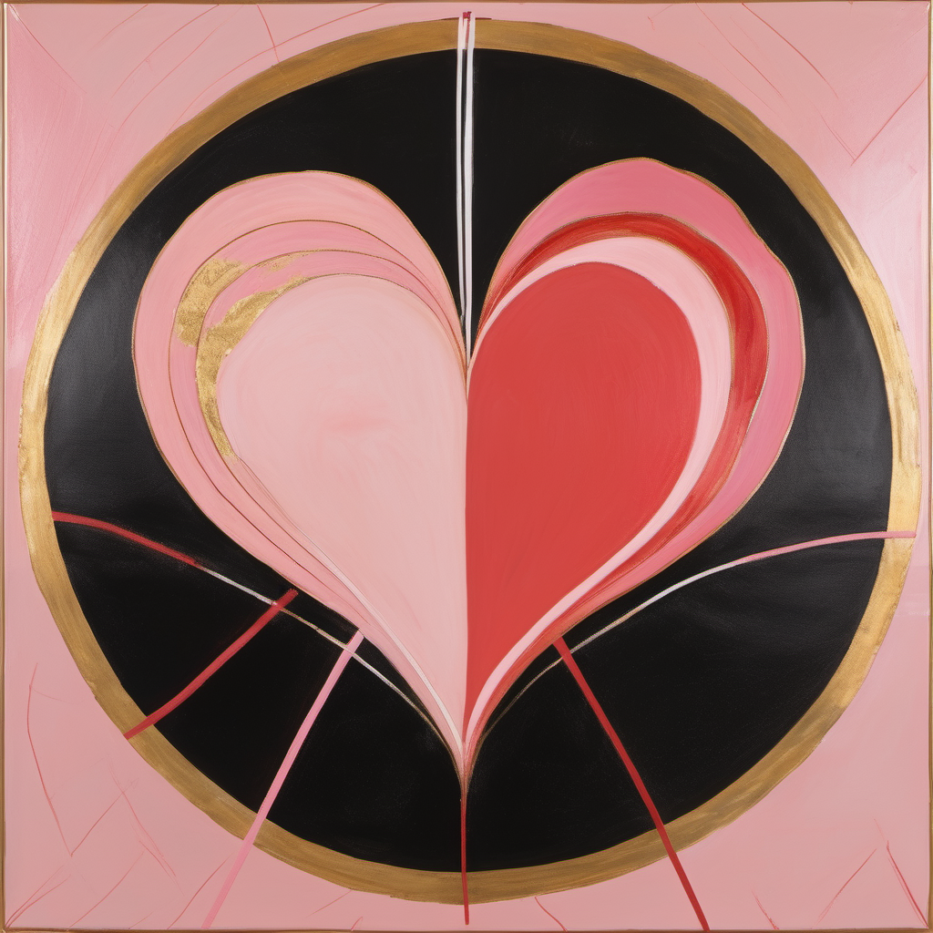 Create a heart central to the composition, made with any version, or combinations of pink and red. The color palette of the piece should include gold, possibly gold leaf, earth colors, and some cool colors to make the warm colors in the heart stand out. Create this painting in the style of hilma klint.