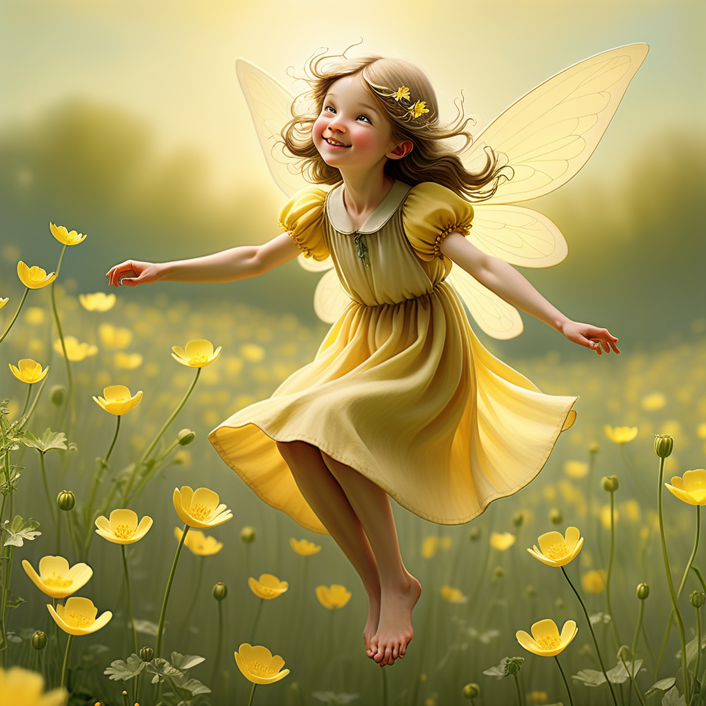 Picture a fairy soaring amidst a field of buttercups, bathed in golden sunlight, showcasing the radiant and joyful aspects of Cicely Mary Barker's floral fairies.