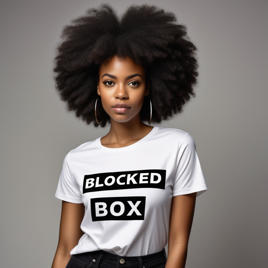 Black woman with trendy modern afro hair style posing in a tshirt with the words "Blocked Box" on the shirt in modern print with a dainty feminine finish (no pictures or images should be on the shirt)