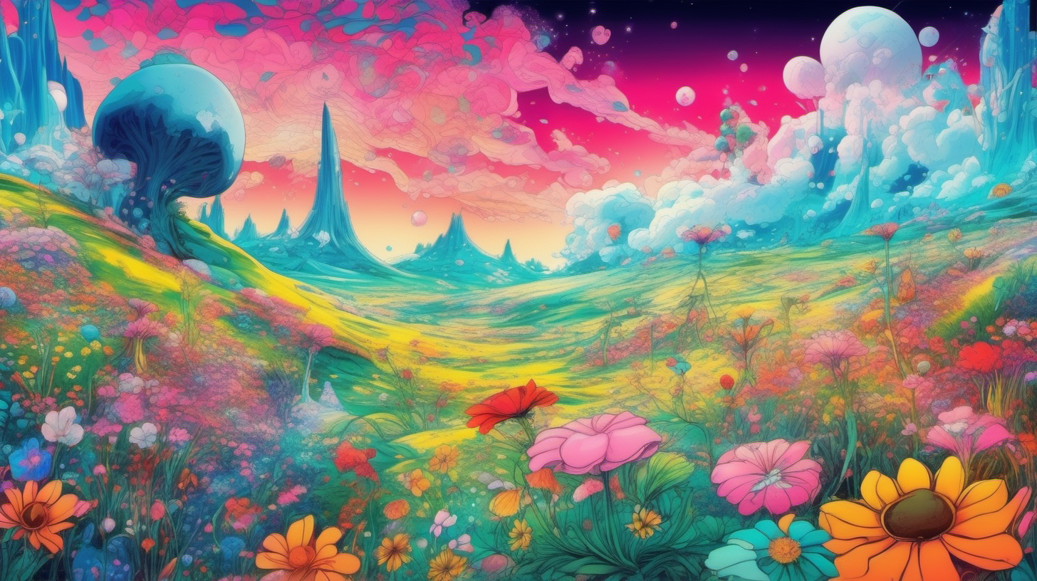 n anime manga style, a surreal fantastical landscape of a dream world in vivid colors with a meadow full of otherworldly flowers similar to salvador dali